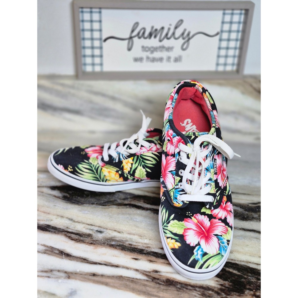 Vans Authentic Tropical Hibiscus Floral Sneakers Black Pink Women 9.5 Low‎ Top